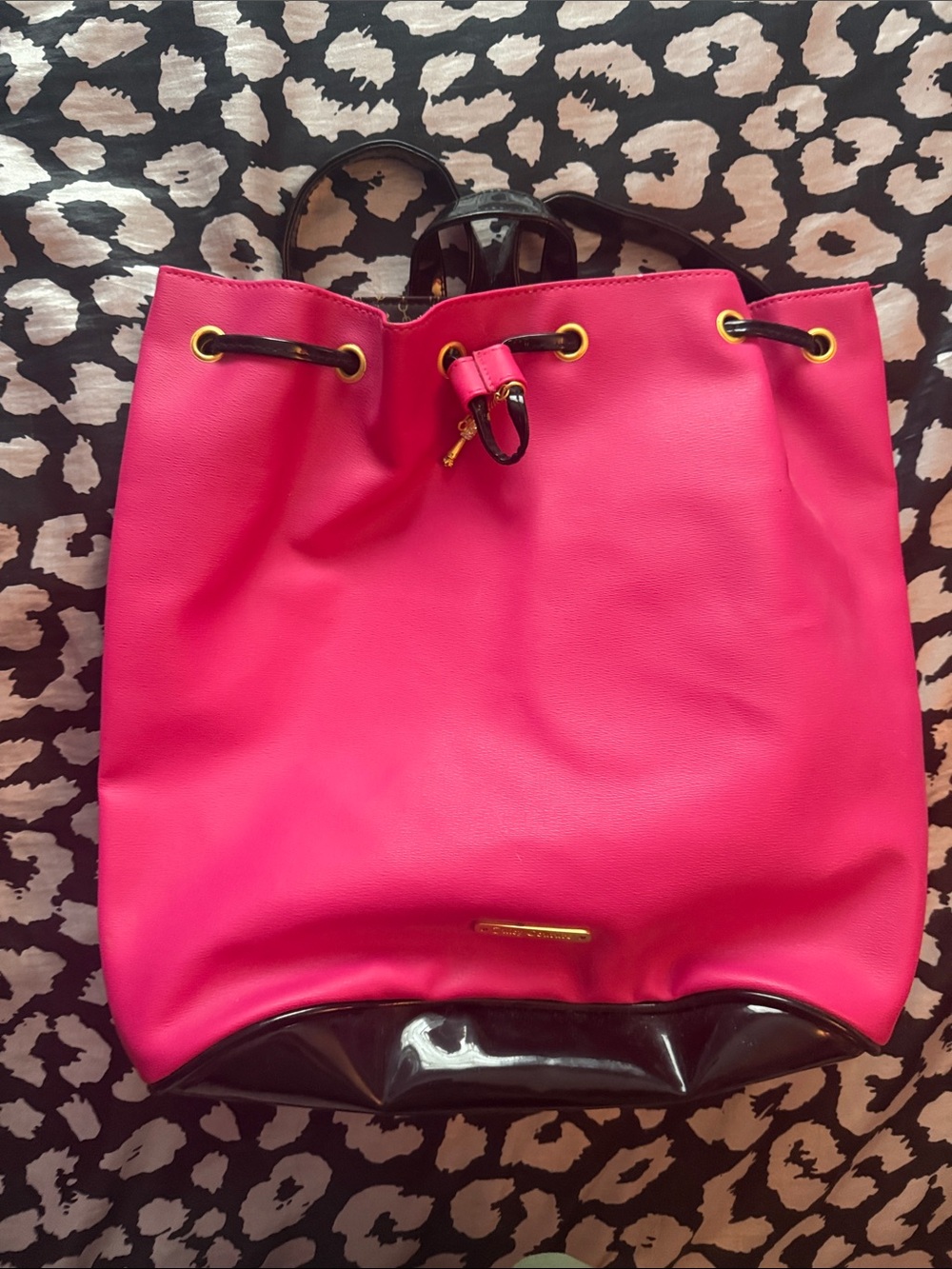 Juicy Couture Hot Pink Drawstring Backpack with Black Trim